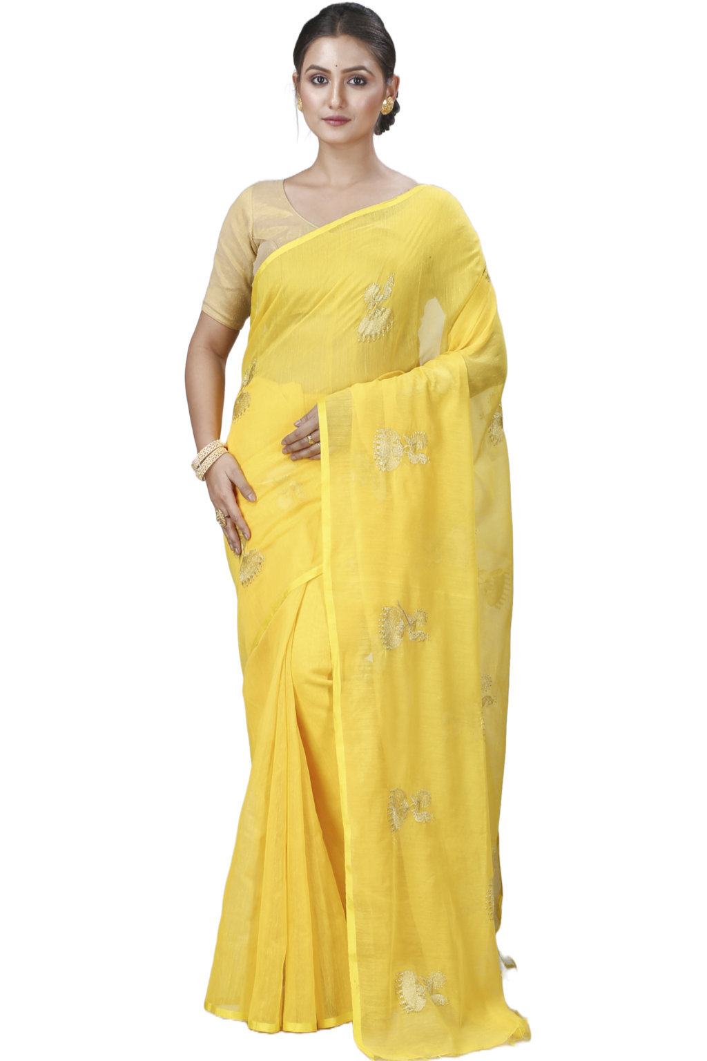 Yellow Blended Cotton Tuli Hand Loom Saree (1235)
